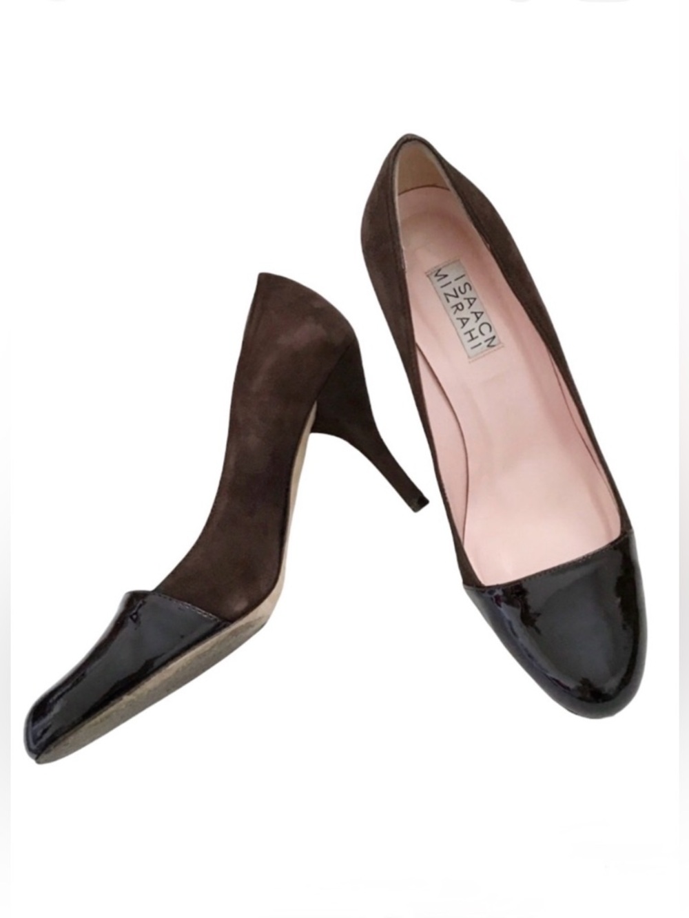 Isaac Mizrahi Suede / Patent Toe Brown Heels